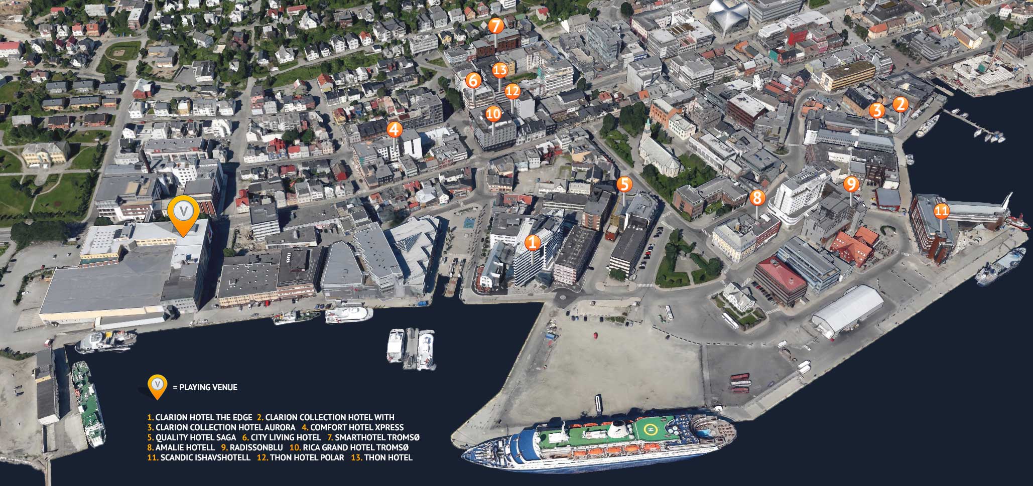 Gezicht op Tromsø vanuit de lucht, ‘V’ is de speellocatie (EBL)