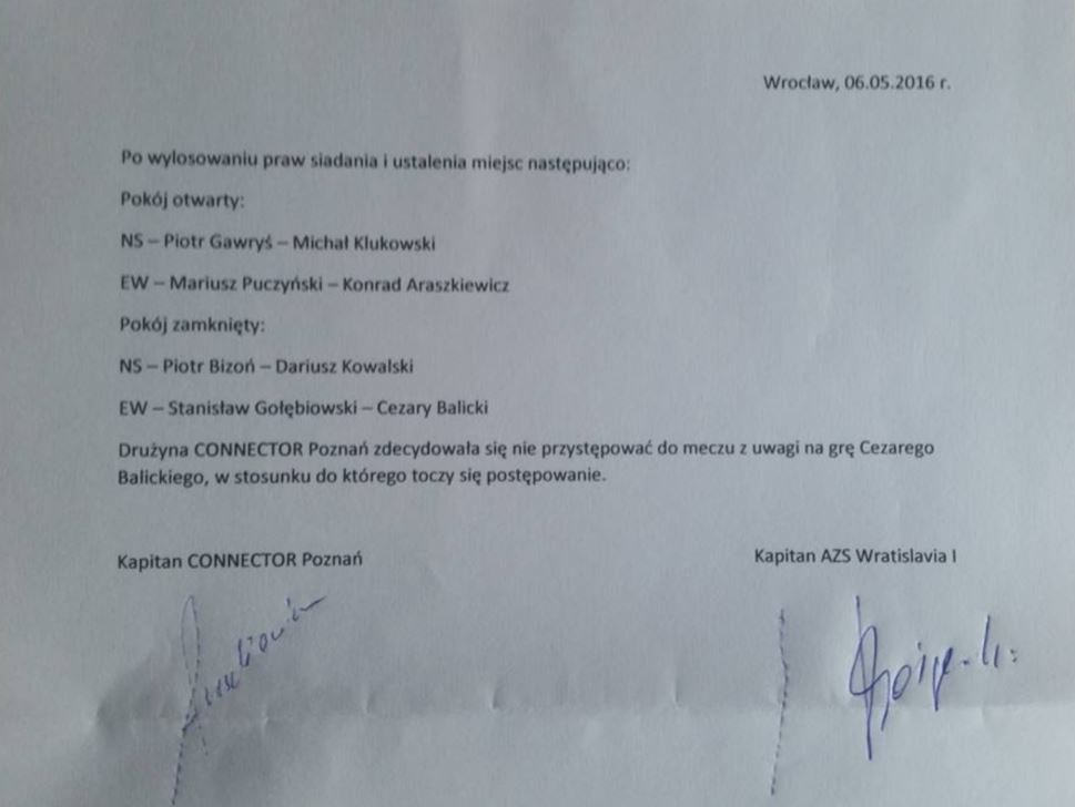 De door beide captains ondertekende brief dat Connector weigert te spelen omdat Balicky staat opgesteld.