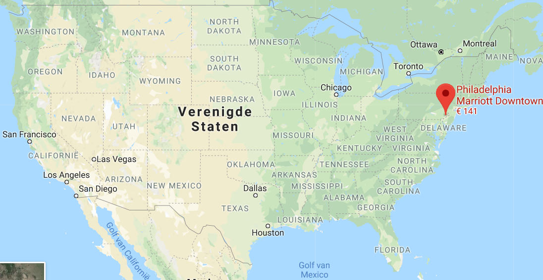 Ligging van de speellocatie te Philadelphia, USA (Google Maps)