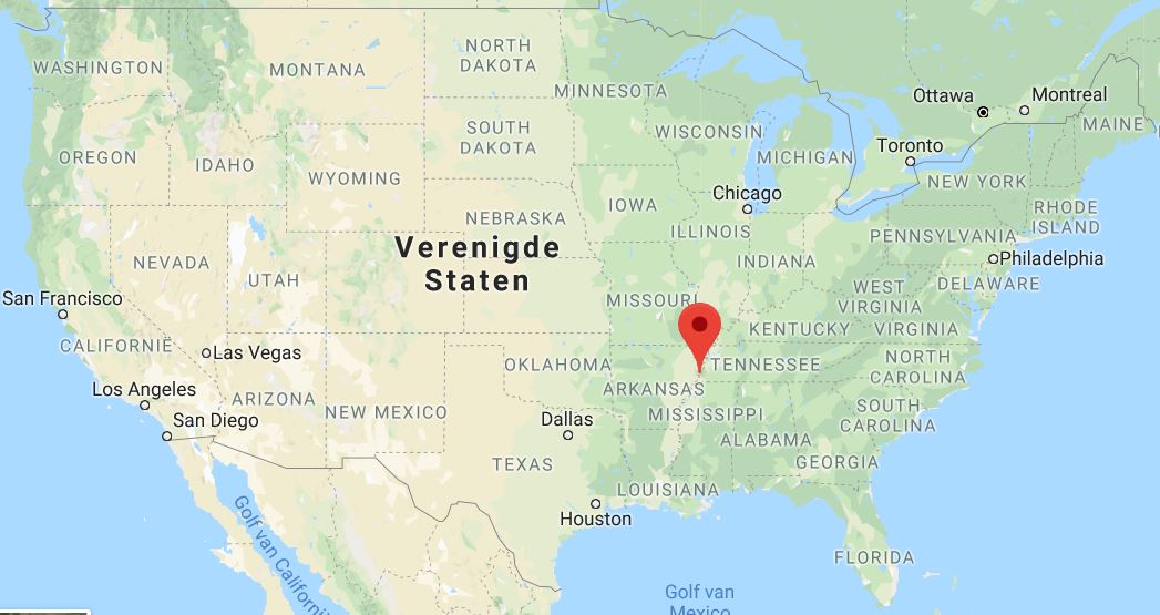 Ligging van Memphis, Tennessee in de Verenigde Staten (Google Maps)